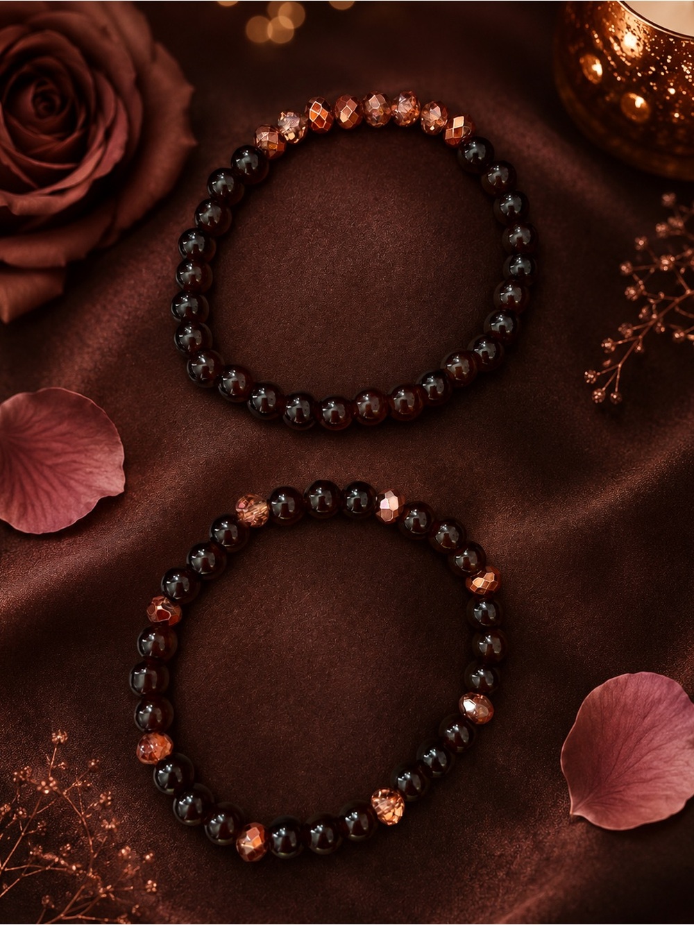 Chocolate Rose & Copper Kiss Beaded Bracelet Duo 8”